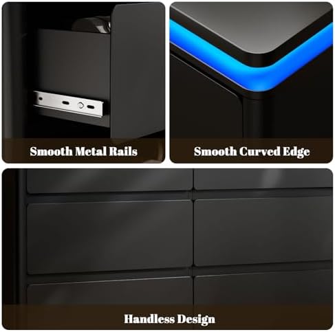 6 Drawer Dresser for Bedroom, 47.24" Black Chest of Drawers w/LED Lights