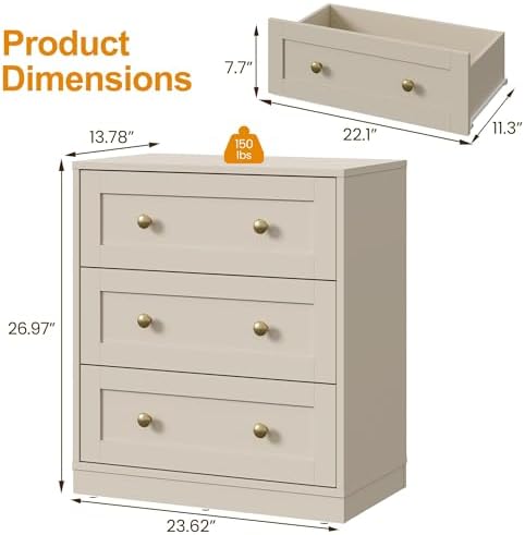 RoyalCraft Small 3 Drawer Dresser, Beige Dresser for Bedroom, Wood Nightstand...