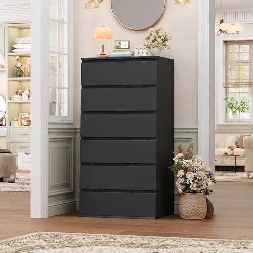 FOTOSOK Black Dresser, 6 Drawer Dresser with Handleless Drawer Cabinet