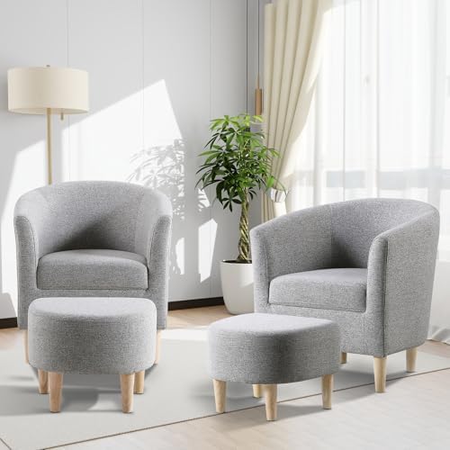 DAZONE Accent Chair with Ottoman, Mid Century Modern Barrel Comfy Fabric Armc...