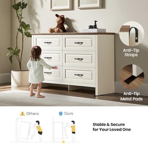 Amada Farmhouse 6 Drawer Dresser, Wood with Natural Texture, Brown & White