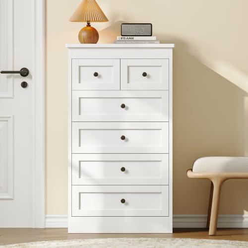 wanan Tall 6 Drawer Dresser for Bedroom, White Modern 43.3'' Tall Woo...