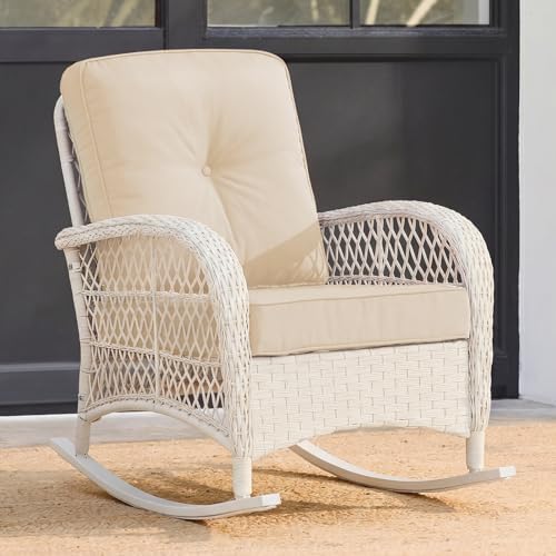 VIVIJASON Outdoor Wicker Rocking Chair, Patio Rattan Rocker Chair with Cushio...