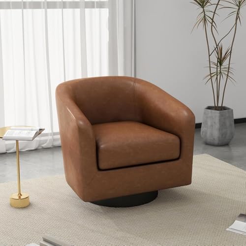 Faux Leather Swivel Accent Chairs Set of 2, Barrel Armchair, Brown