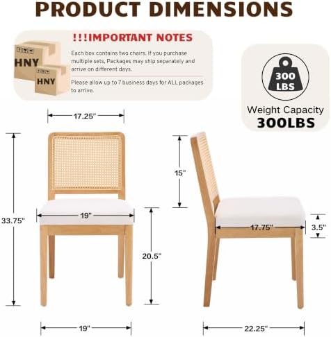 HNY Modern Farmhouse Rattan Dining Chairs Set of 2 Beige Chenille Upholstered...