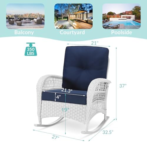 MEETWARM Outdoor Wicker Rocking Chair, Rattan Patio Rocker Chairs with Cushio...