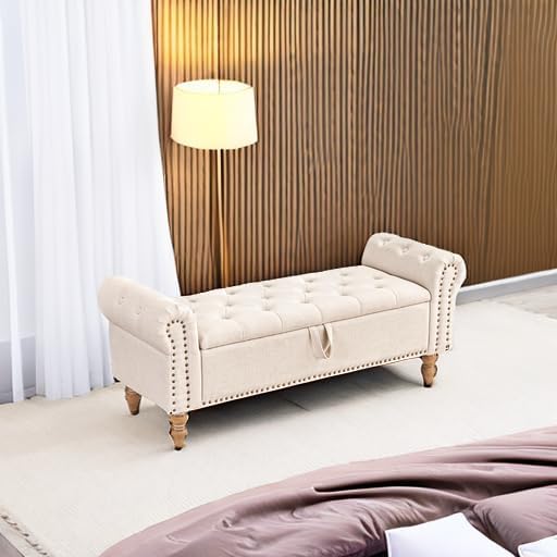 Furniliving 51” Storage Benches, End of Bed Bench with Button-Tufted Large Up...