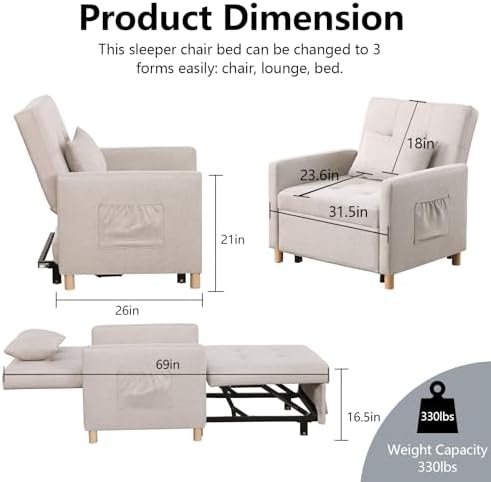 3 in 1 Convertible Sleeper Chair, Pull-Out Sofa Bed with Adjustable Backrest,...