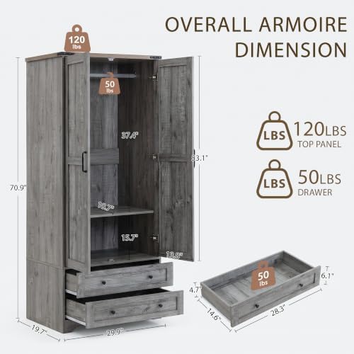 Yechen 71" Wooden Armoire Wardrobe Closet Set of 2, 4 Doors & 4 Drawers