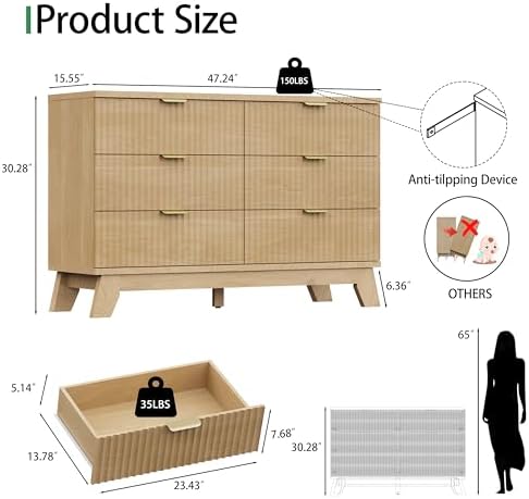Fluted Dresser for Bedroom with 6 Drawers, 48" Wide Modern Chest of Draw...