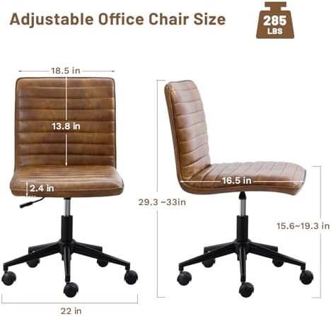 Furniliving Leather Office Chair with Wheels Armless Vanity Desk Chair 360° S...