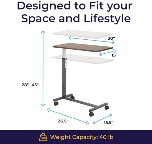Drive Medical Overbed Table with Wheels, Woodgrain Top, Silver Vein