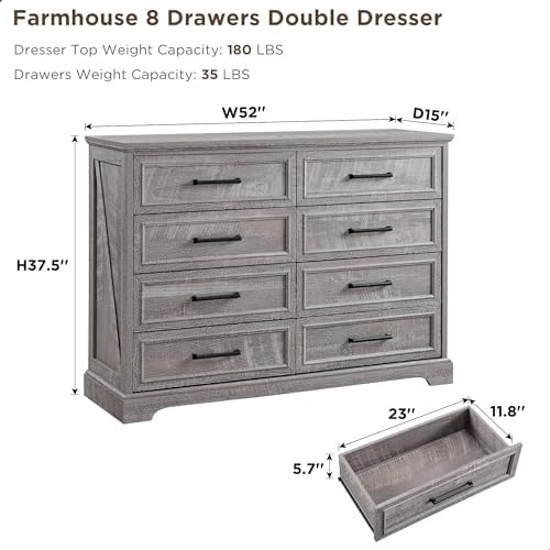 ACCOHOHO Farmhouse 8 Drawers Dresser Chests for Bedroom, Gray