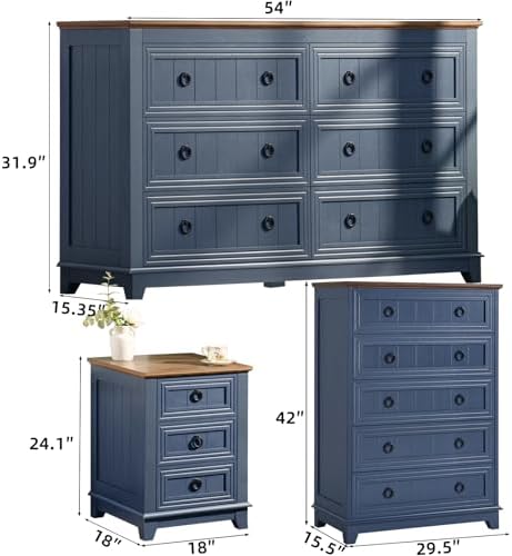 Joaxswe Farmhouse Dresser and Nightstand Sets 3 Piece, Blue