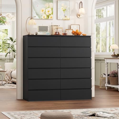 FOTOSOK Black Dresser, 6 Drawer Dresser with Handleless Drawer Cabinet
