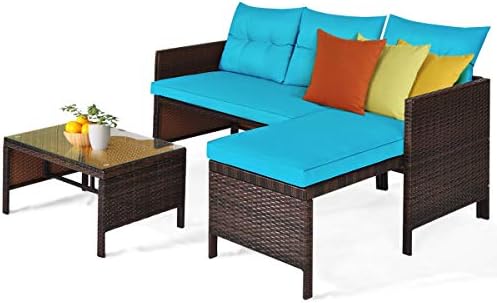 Tangkula Patio Corner Sofa Set 3 Piece, Outdoor Rattan Sofa Set, Includes Lou...