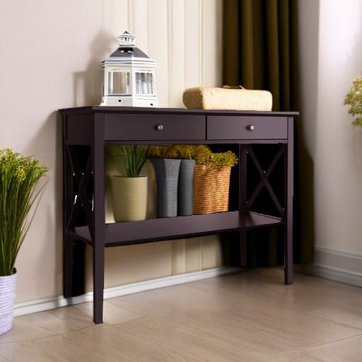 ChooChoo Console Table with Drawers, Narrow Wood Accent Sofa Table Entryway T...
