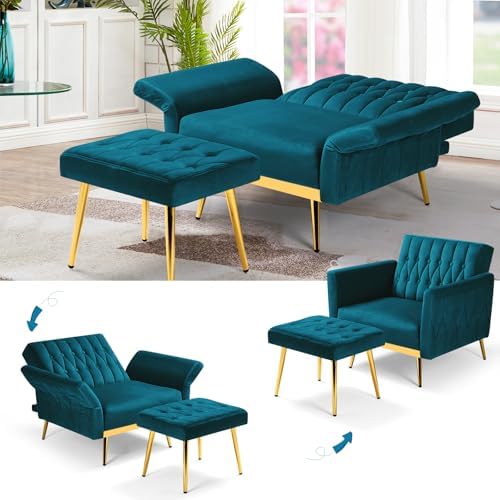 Velvet Accent Chair w/Ottoman & Adjustable Backrest,Teal