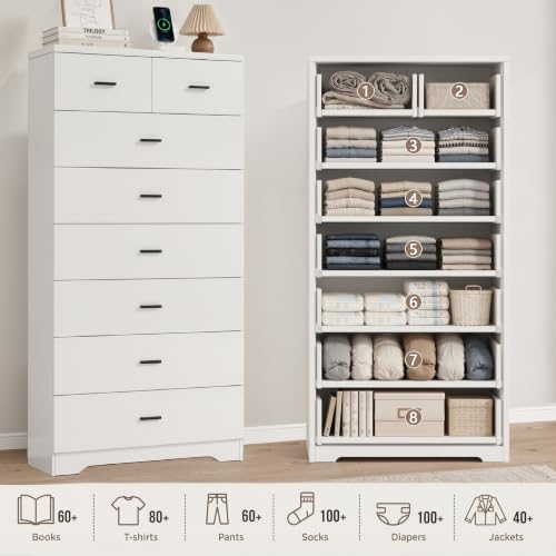 GEPELCN 55.2" Tall Dresser with Charging Station Wooden 8 Drawer Dresser...