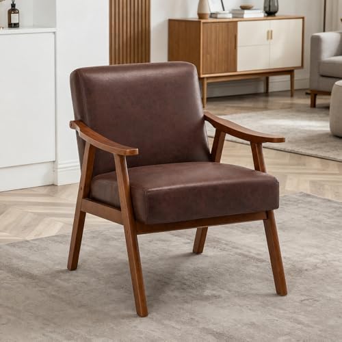 Anwick Mid-Century Modern Accent Chair,PU Leather Living Room Chair with Soli...