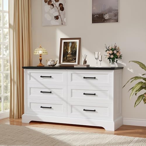 YESHOMY Dresser for Bedroom, Farmhouse 6 Drawers Dressers, White and Black