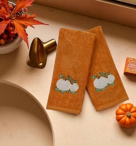 Fall Rust Bathroom Guest Hand Towels, Embroidered Pumpkin Leaf, 16x25 " | Set of 2, 100% Cotton Velour, Autumn Farmhouse Decor for Bath or Kitchen, Perfect for Parties & Gifts