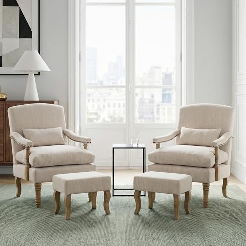Accent Chair with Ottoman, Farmhouse Armchair, Natural Beige