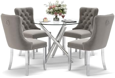 Modern Silver Round Glass Dining Table Set for 4, 36'' Luxury Minimal...