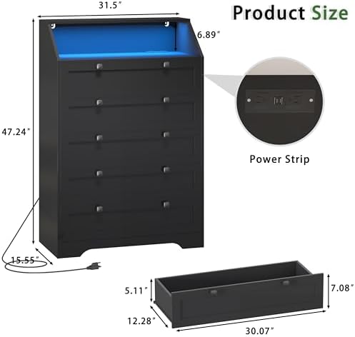 Black Dresser Tall 5 Drawer Dresser for Bedroom, Wood Chest of Drawers with L...