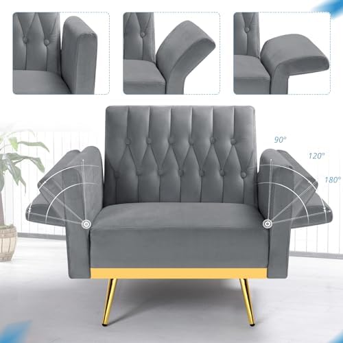 Velvet Accent Chair w/Ottoman & Adjustable Backrest, Grey