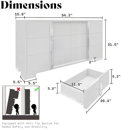 AMERLIFE 6 Drawer Dresser, Modern Storage Chest, High Gloss Finish, White