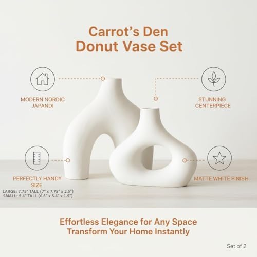 Carrot's Den Ceramic Modern Vase Set of 2, Donut Shelf Decor, Warm White
