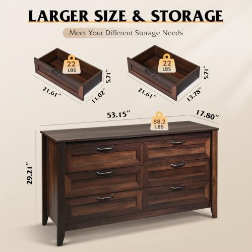 WLIVE 54" Dresser for Bedroom, Wooden 6 Drawer Dresser with Unique Anti-...