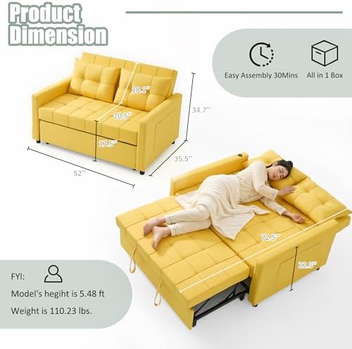 GOSUHI 52" 3-in-1 Convertible Sleeper Sofa Bed, Linen, Yellow