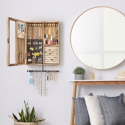 Keebofly Wall Mounted Jewelry Organizer Box Rustic Wood Large Space Jewelry C...