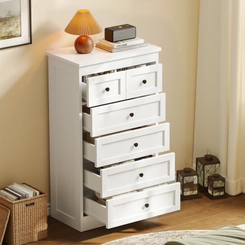 wanan Tall 6 Drawer Dresser for Bedroom, White Modern 43.3'' Tall Woo...