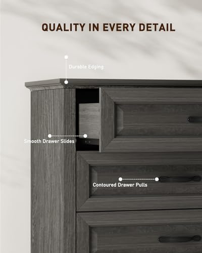 Amada Farmhouse 5 Drawer Dresser, Wood Dresser with Natural Texture, Gray