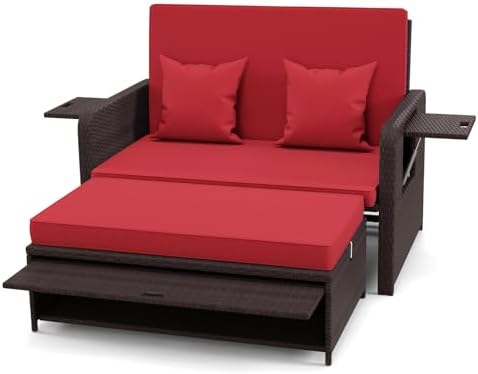 LDAILY Moccha Outdoor Daybed, Wicker Loveseat Sofa Set with 4-Postion Adjusta...