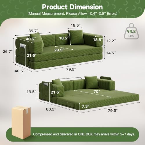 79.5" 5-in-1 Convertible Futon Sofa Bed, Boneless Corduroy, Green