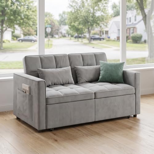 Sleeper Sofa Bed with Adjustable Backrest & Side Pockets, Gray