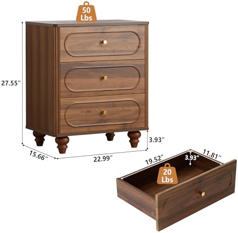 ORRD 3 Drawer Fluted Dresser for Bedroom Set of 2, Mid Century Modern Chest o...