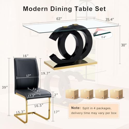 Glass Dining Table Set for 6,Modern Black Gold Dining Table Set,63" | Te...