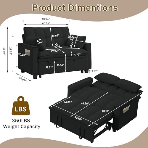 Convertible Sofa Bed, Loveseat Sleeper Sofa with Pull Out Bed and Adjustable ...