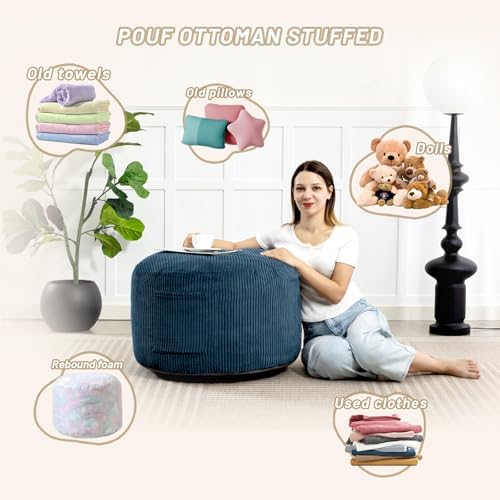 Round Stuffed Pouf Ottoman (Blue, 26" D x 26" W x 18" H)