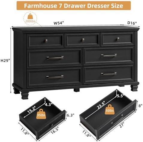 SAVOR LIFE Farmhouse 7 Drawer Dresser for Bedroom, Black
