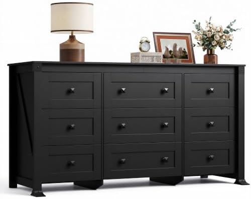 WLIVE 9 Drawer Dresser Black, 62" Wide Wooden Chest with Anti-Tip Structure