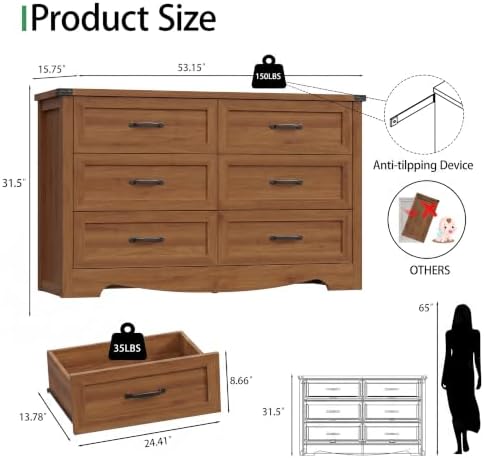 Xixini Dresser for Bedroom with 6 Drawers, 54" Wide Wood Chest of Drawer...