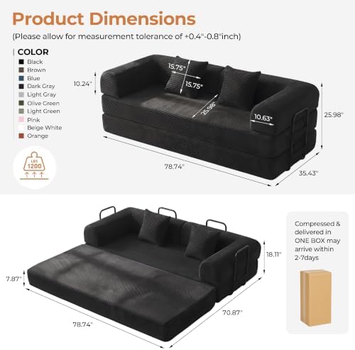 79" Convertible Futon Sofa Bed, Boneless Couch for Living Room | Corduro...