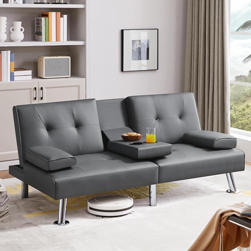 Yaheetech Convertible Futon Sofa Bed Loveseat with Cup Holder, Gray