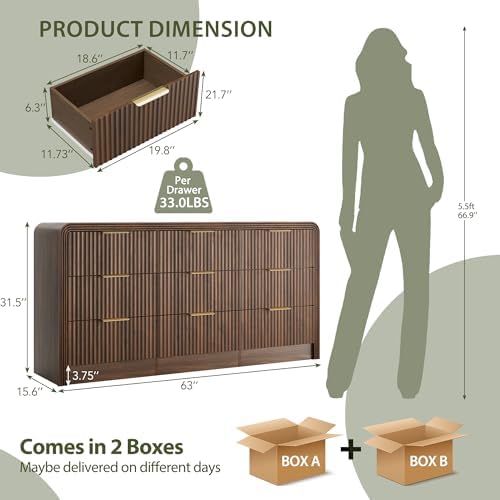 Decofy Fluted 9 Drawers Dresser, 63'' Wide Chest of Drawers for Bedroom